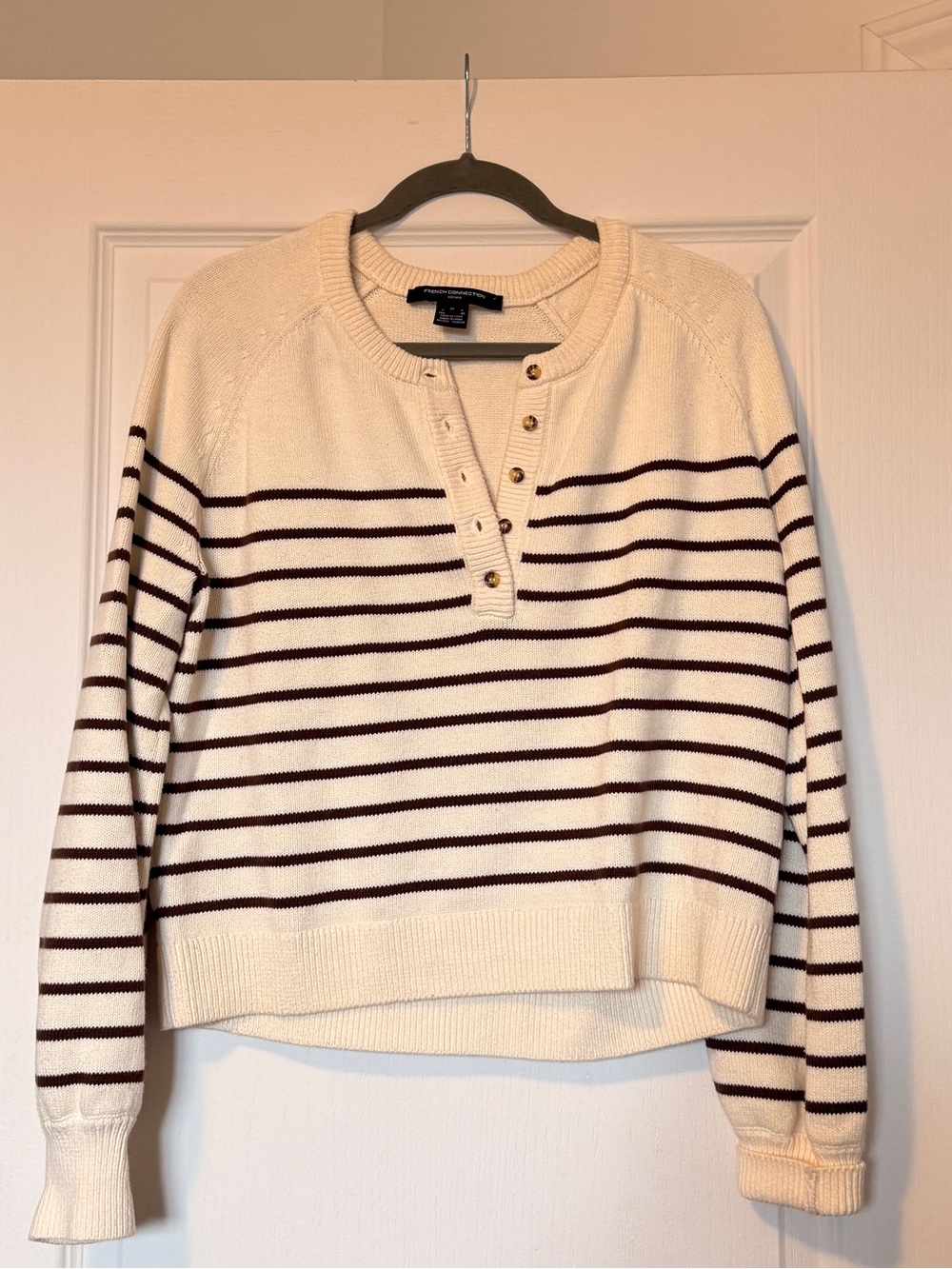 French connection Cream & Brown Striped Henley Sweater - 100% Cotton